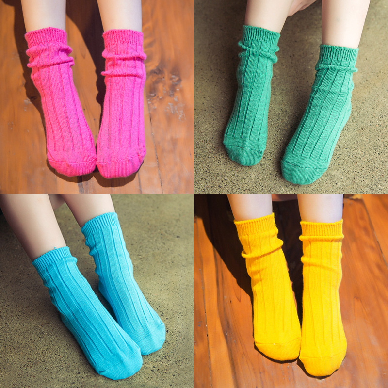 儿童袜子厂家 韩国冬季新款糖果色双针纯棉堆堆袜纯色全棉中筒袜