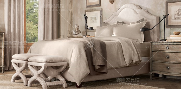 美式乡村绒布方床 欧式法式布艺双人床1.5米1.8米软包时尚简约床