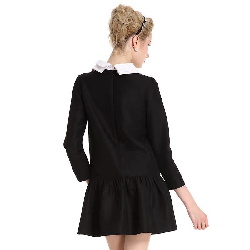 powersweet2014秋装新款女装 通勤复古撞色花瓣领百褶黑色连衣裙