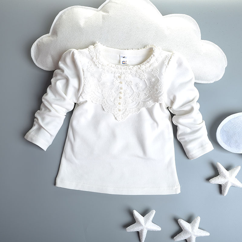 2015秋装新款女童韩版蕾丝圆领长袖全棉T恤打底衫百搭白色