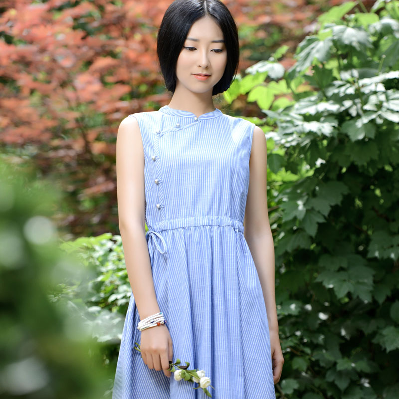 【浅思】2015夏装新款中式中长款立领无袖条纹复古文艺范连衣裙