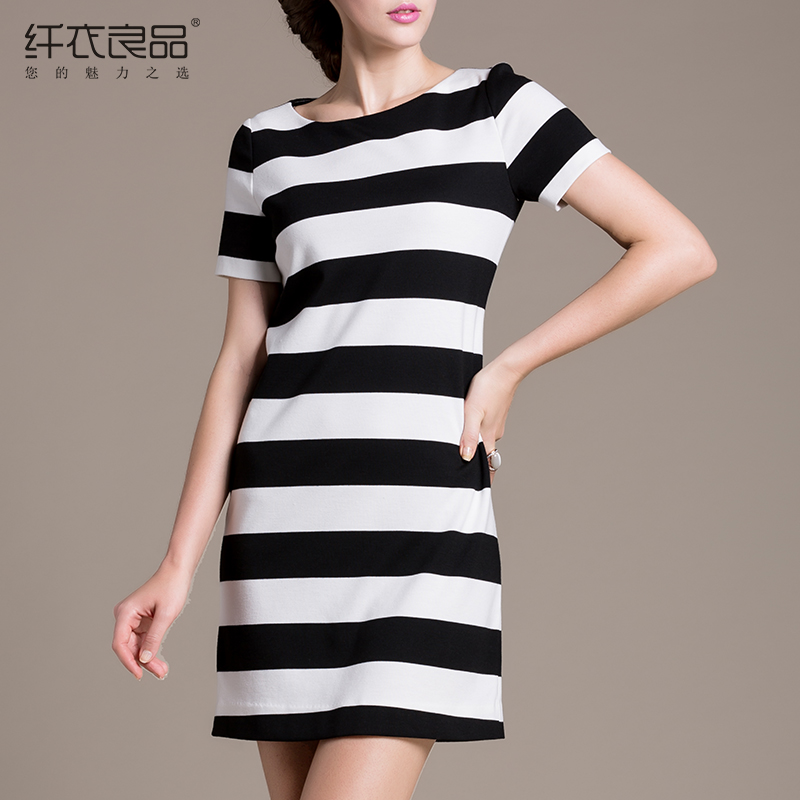 纤衣良品女装2015夏季新款OL气质宽松圆领短袖黑白条纹连衣裙