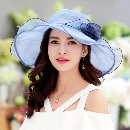 2015新款真丝女遮阳帽防紫外线大沿防晒出游太阳帽优雅时尚可折叠