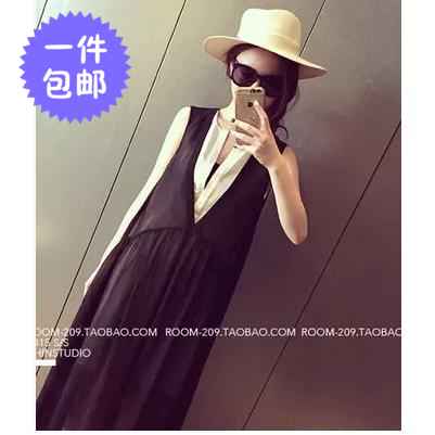 2015夏季韩国独家定制雪纺假两件黑白雪纺长裙无袖宽松背带连