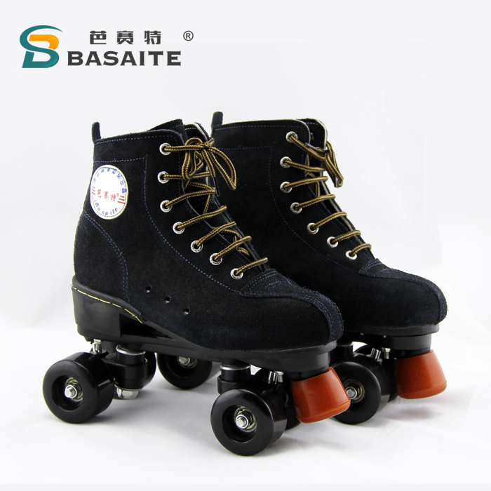 正品芭赛特双排轮滑溜冰鞋黑色翻毛牛皮旱冰鞋送扳手轴承