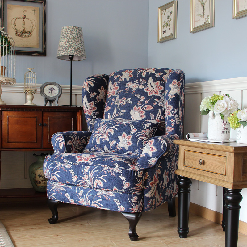 老虎椅美式地中海乡村风格家具单人沙发椅客厅书房混搭蓝色布艺