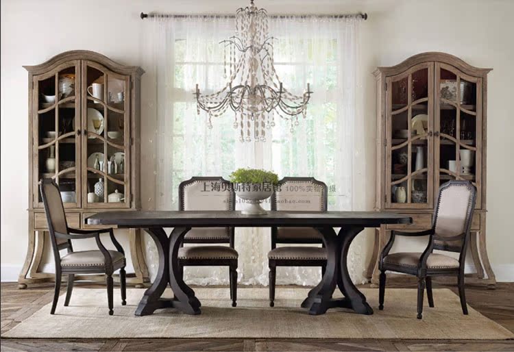 美式新古典餐桌椅组合 欧式实木带扶手餐椅 法式仿古做旧餐桌椅