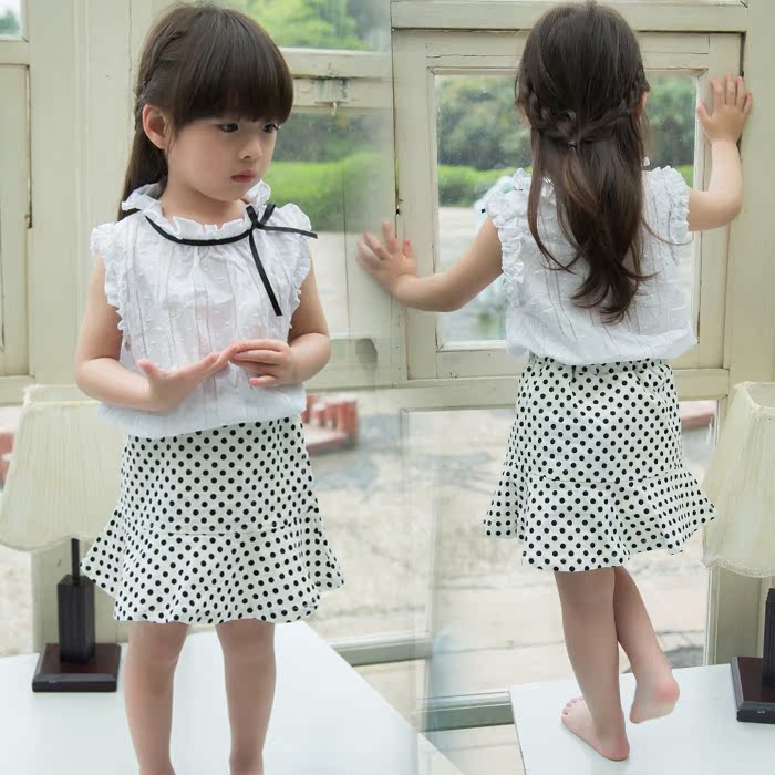 2015夏装新款韩版女童立领木耳边无袖T恤儿童系带衬衫上衣打底衫