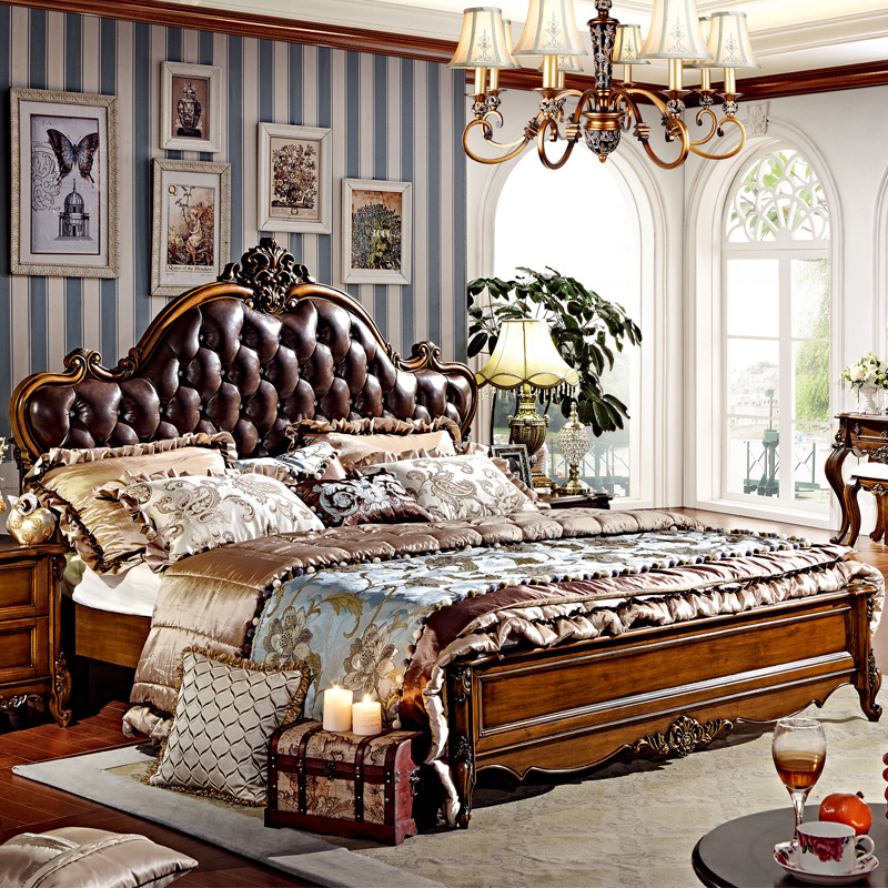 欧式实木复古床双人床高箱1.8米公主床新古典美式乡村婚床真皮床