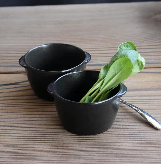 韩式双耳烤碗汤盅 陶瓷汤碗西餐具炖杯沙拉碗甜品碗复古黑色炖碗