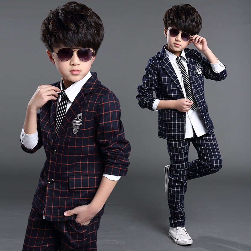 2015新款春童装男童小西装套装男孩格子西装韩版帅气小西服2件套