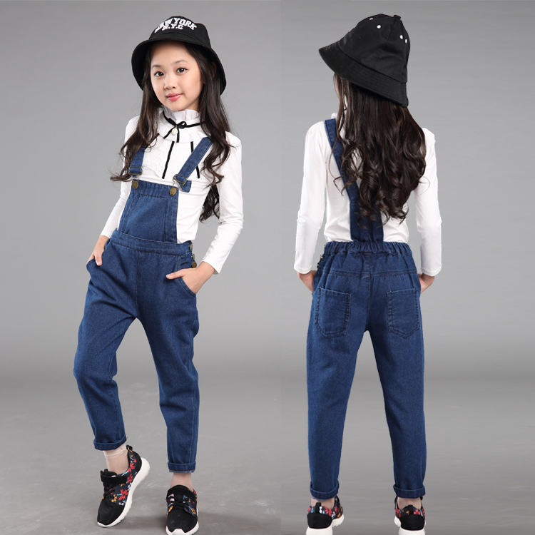 童装女童秋装2015新款套装韩版中大儿童长袖打底衫蕾丝牛仔背带裤