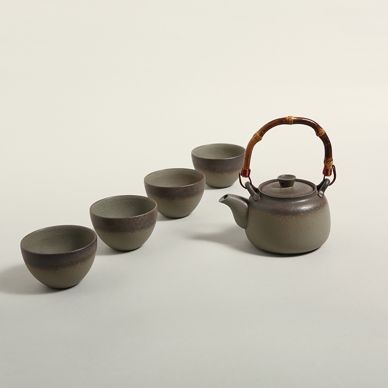 日式茶具套装 乡村提梁壶 一壶四杯 创意粗陶功夫茶器 茶艺壶