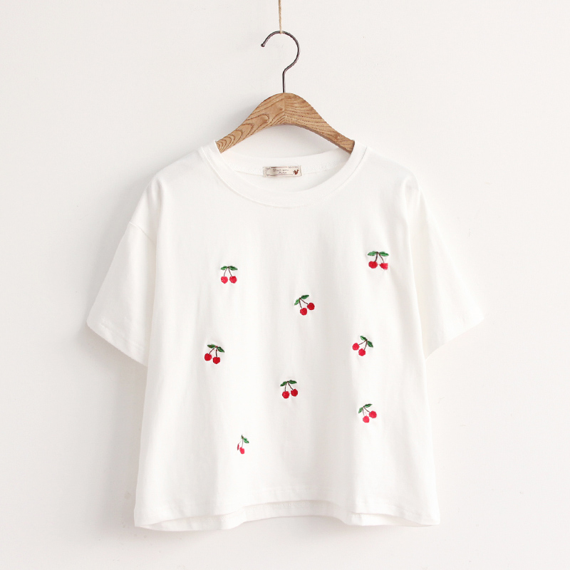 PP家夏季新款女装樱桃仙人掌刺绣短款罩衫短袖打底衫T恤0526