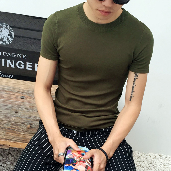男士纯色短袖针织衫韩版修身打底针织T恤 圆领T恤军绿色B202-T068