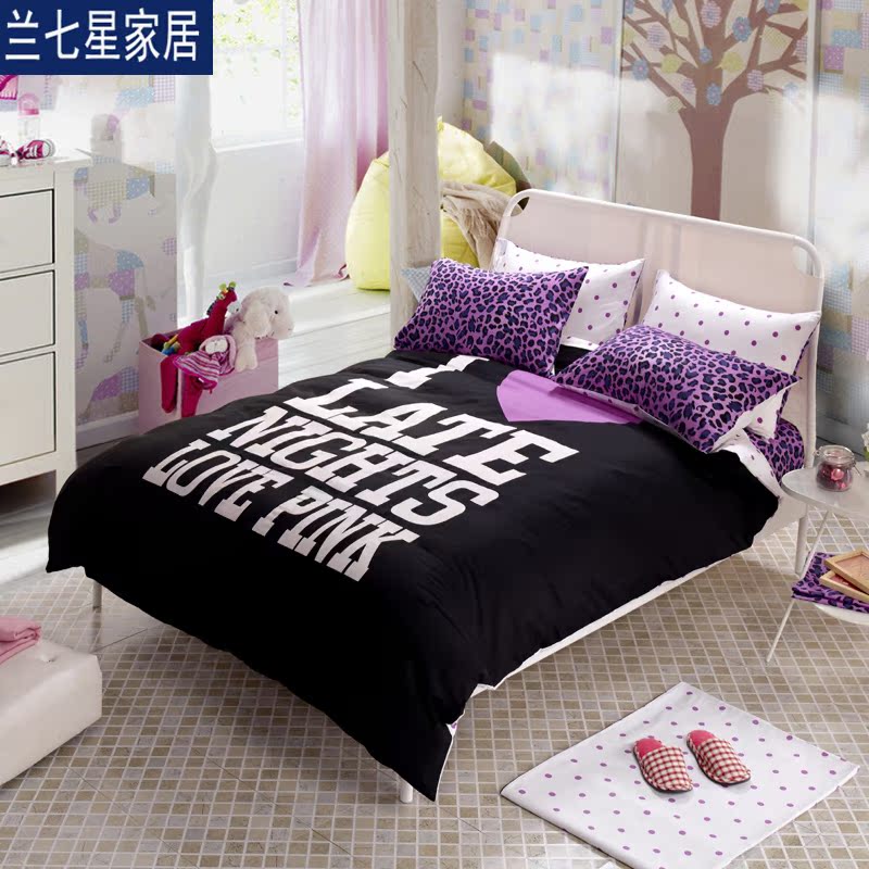 100%纯棉四件套黑色豹纹床单简约时尚被套韩版床上用品1.5米1.8米