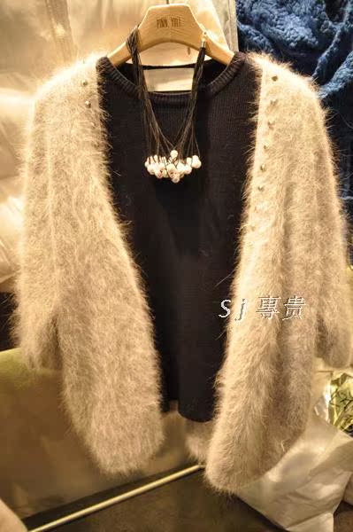 韩国东大门代购 2104冬装新款热卖 纯色名媛气质钉珠针织毛衣外套