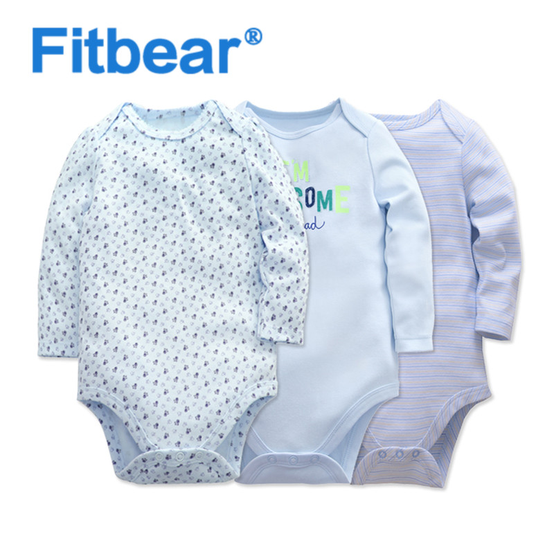 Fitbear3件婴幼儿包屁衣长袖男女连体衣纯棉布春秋款三角哈衣爬服