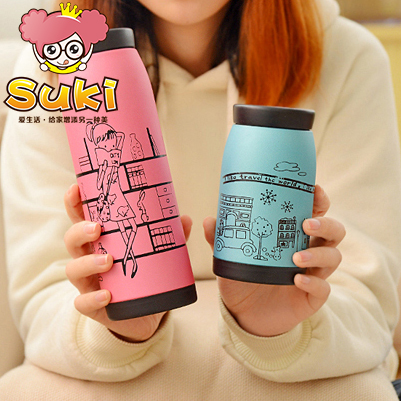 Suki's创意可爱便携韩版 磨砂大肚杯 不锈钢真空情侣保冷保温杯