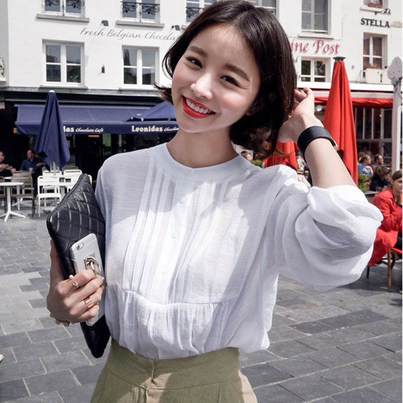 GL韩国定制2015早秋新款女 气质简约圆领韩范白色长袖衬衫女