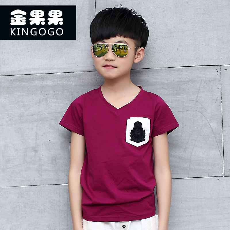 2015夏季新款男童短袖T恤纯棉儿童韩版中大童时尚V领短袖黑深紫色