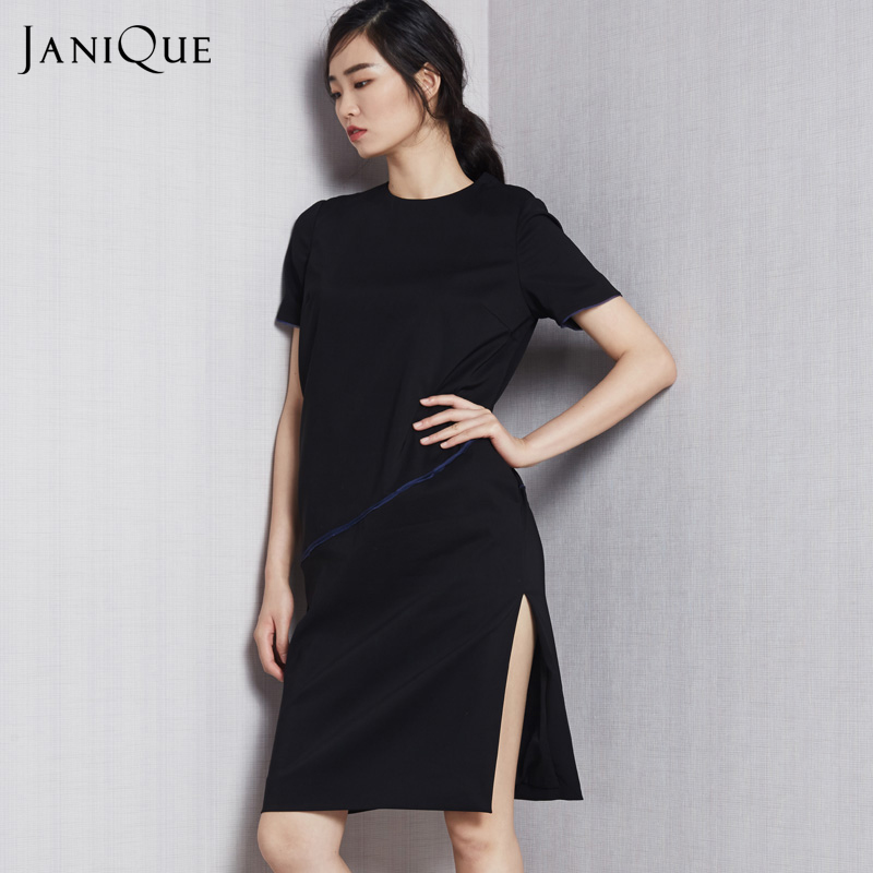 JANiQUE设计师原创2016早秋黑色复古性感礼服 中长款短袖连衣裙