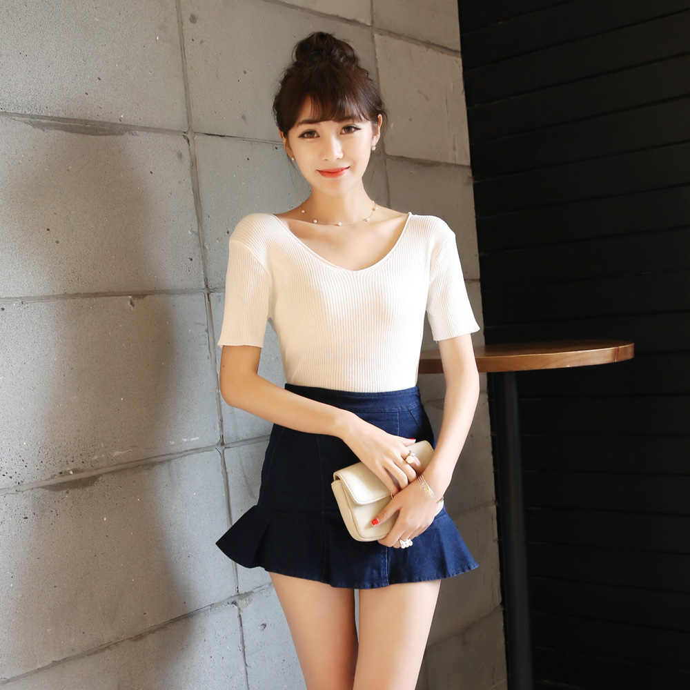 SUKI SHOP2015夏季新品 v领薄款针织女弹力修身短袖纯色T恤 7B18