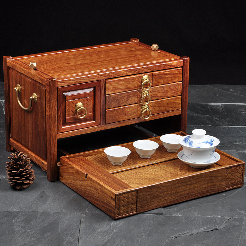 神雕茶具旅行套装 实木蓄水茶盘 高档普洱茶盒黄花梨红木收纳茶柜