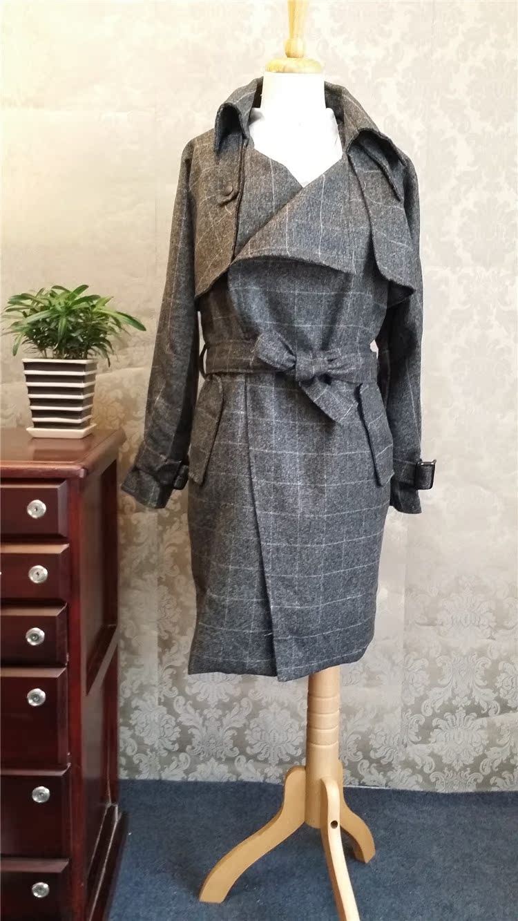 2014韩国代购秋冬东大门新款女装中长款格子羊毛呢大衣休闲外套潮