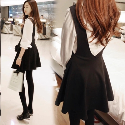 2015韩版秋季连衣裙长袖女修身显瘦背带两件套学院风学生短裙子