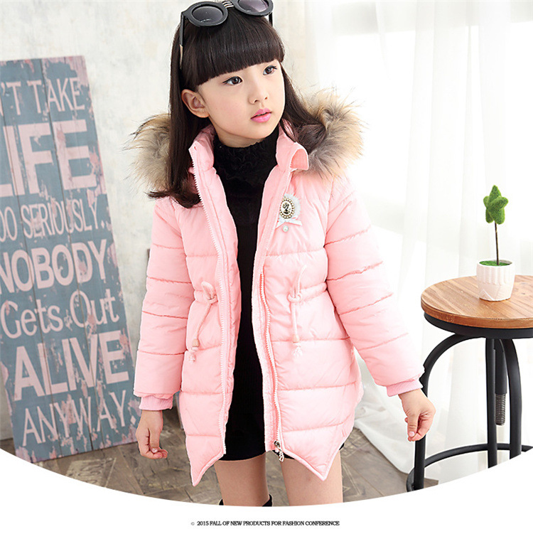 女童棉衣2015冬季女童韩版新款中长款加厚连帽棉衣中大童四角棉衣