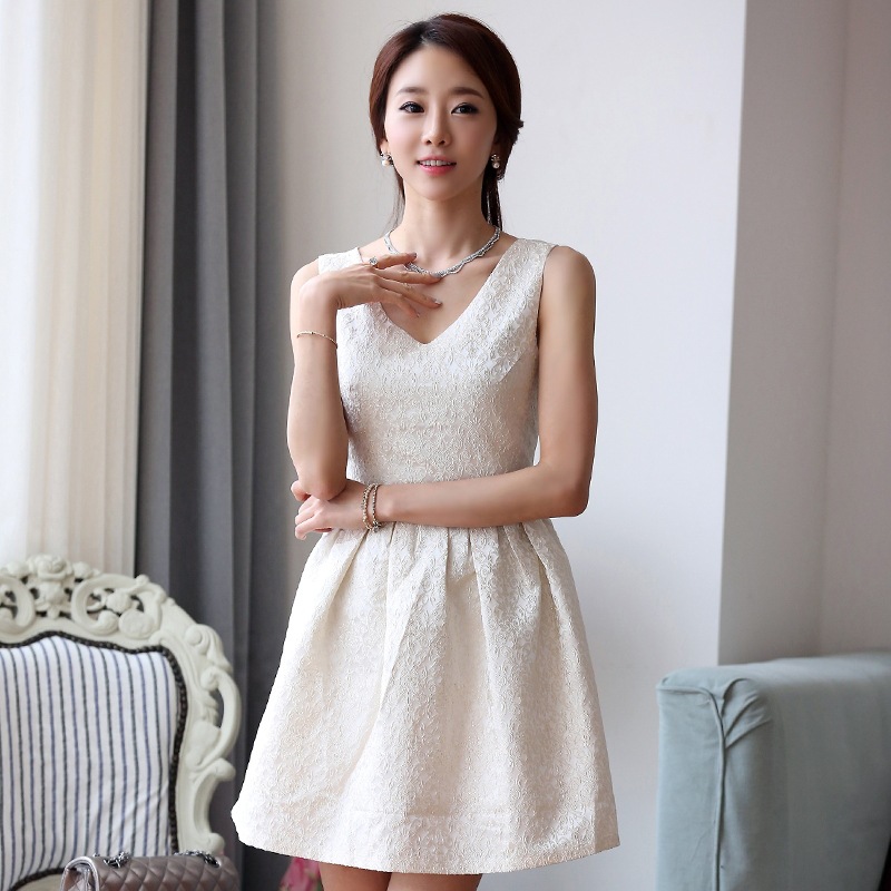 2015女夏装新款韩版修身中腰气质V领无袖提花大码女麻棉连衣裙
