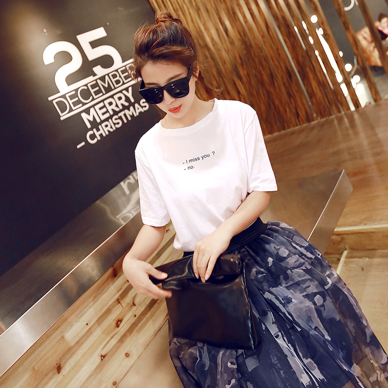 2015夏新款韩版修身简约纯棉洗水T恤时尚宽松短袖圆领字母半袖女