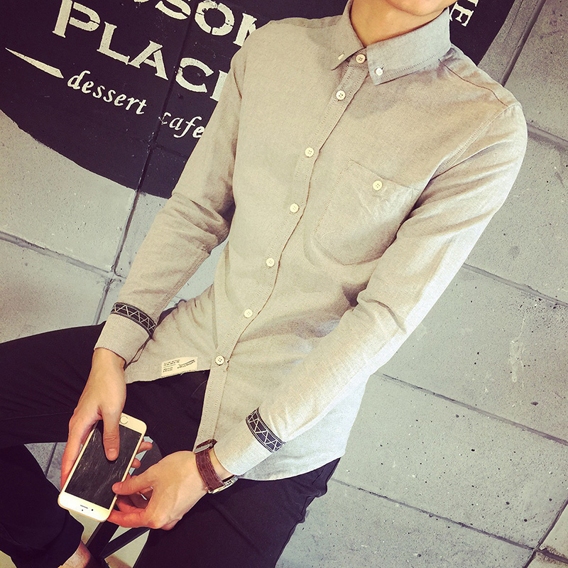 新款秋季2016男士纯色长袖衬衫韩版修身型衬衣青年男装休闲衣服潮
