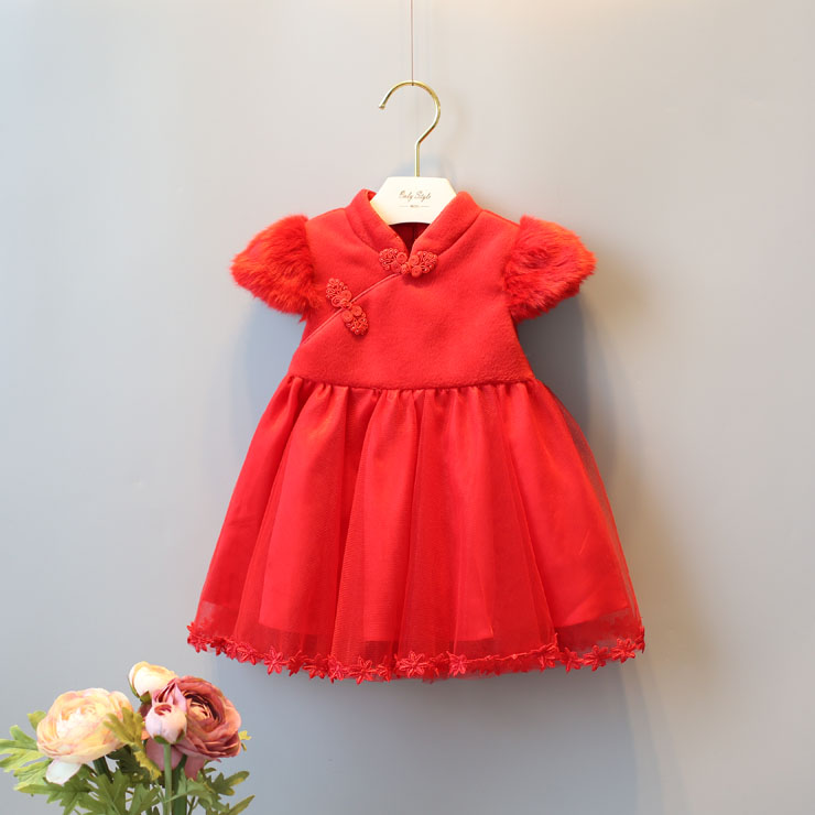 大红色过年复古冬款宝宝中小女童旗袍婴儿中式唐装儿童连衣裙包邮
