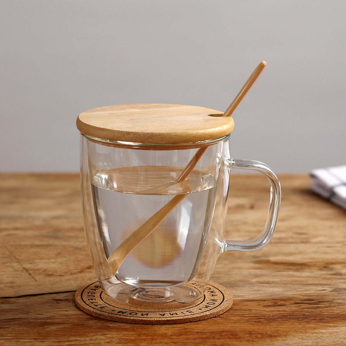 创意双层玻璃杯带盖加厚耐热玻璃杯马克杯咖啡杯星巴克玻璃杯水杯
