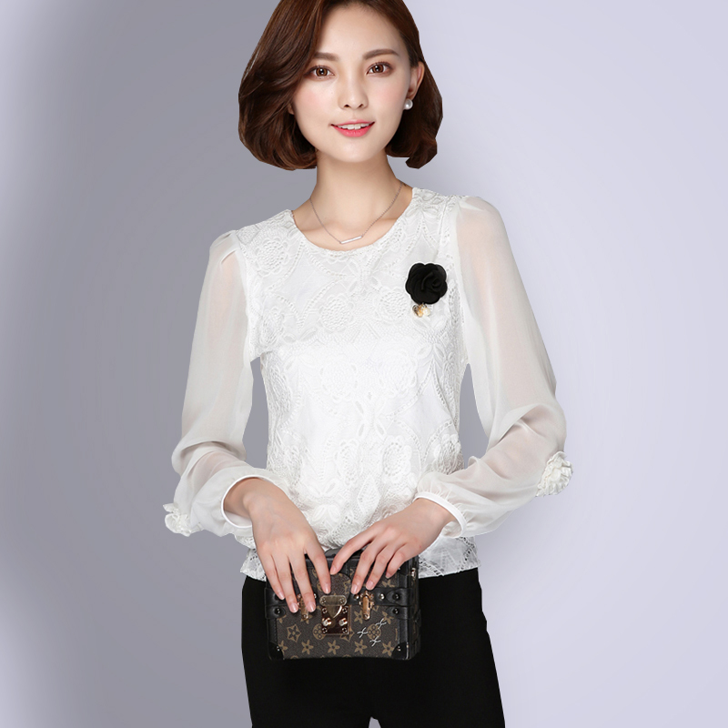 2016秋季新款女装韩版宽松大码显瘦收腰蕾丝衫雪纺打底衫长袖T恤