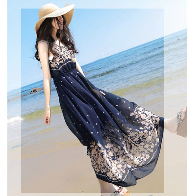 长裙夏季连衣裙修身碎花胖mm大码显瘦雪纺无袖波西米亚印花沙滩裙