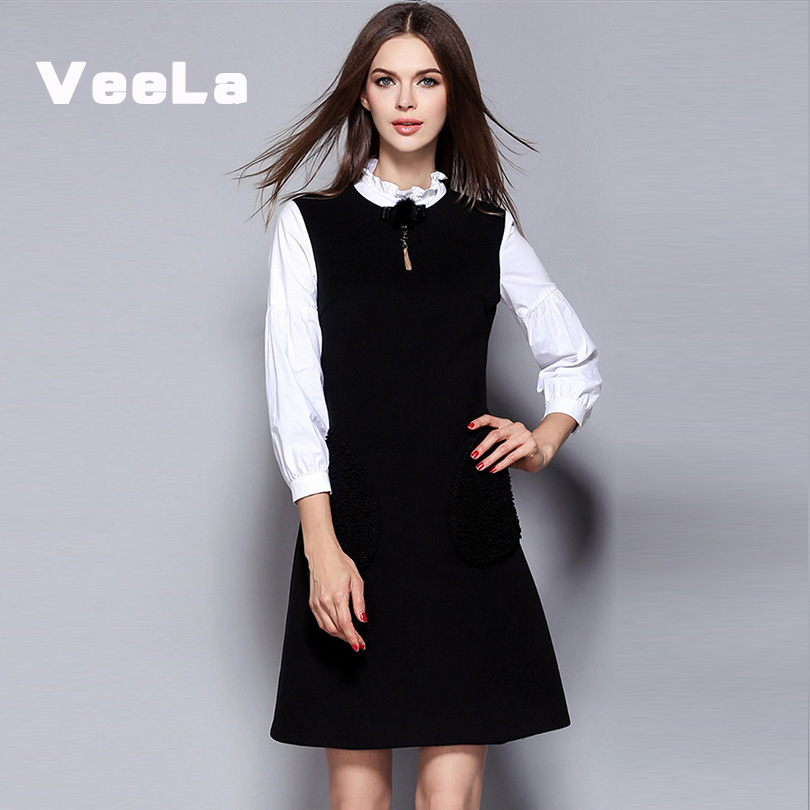 VeeLa2016秋新款娃娃领纯色拼接高腰显瘦A字裙欧美时尚气质连衣裙
