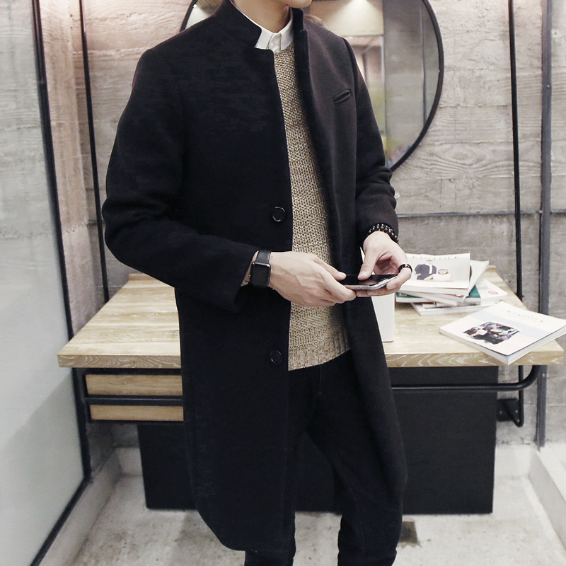 韩版男士风衣中长款立领呢料大衣修身青年纯色外套休闲日系潮男装