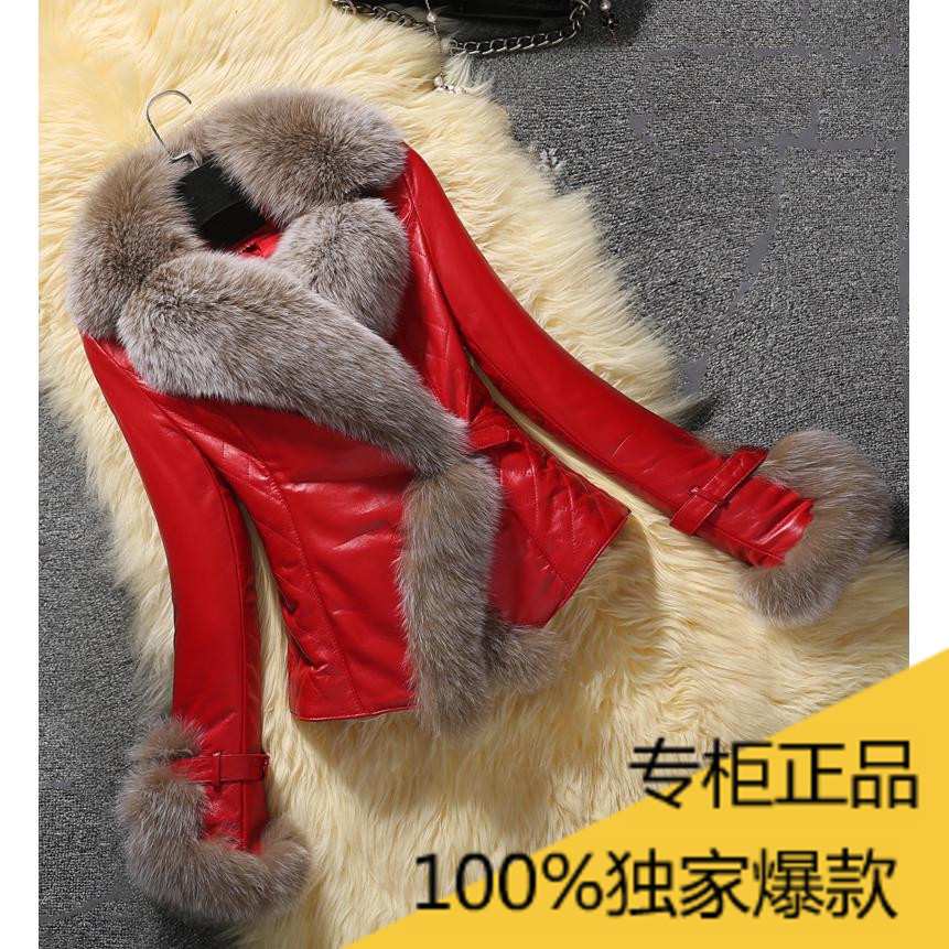 2015冬新款修身PU皮女短款狐狸毛领加厚仿皮草皮衣棉衣夹克外套