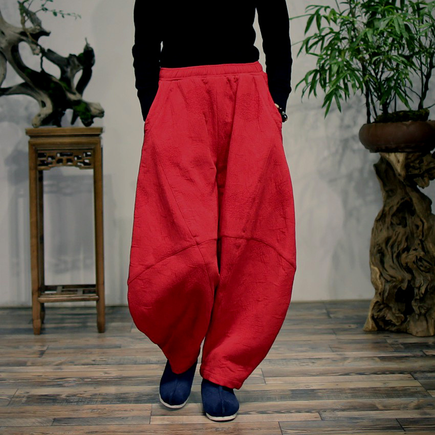 冬季原创新款中国红高品质棉麻提花松紧腰个性灯笼裤休闲裤打坐裤
