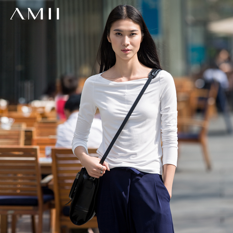 旧AMII及简2015春新款纯色一字领t恤女长袖弹力修身中长款打底衫