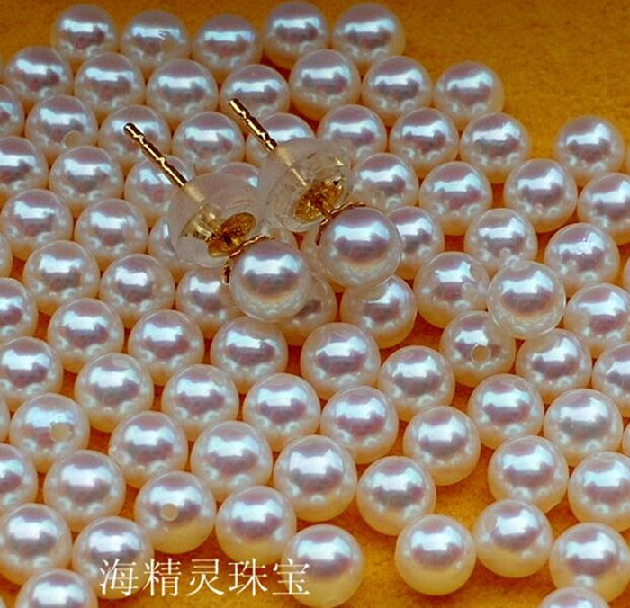 迷你小灯泡镜面光正圆正品日本阿古屋珍珠18K金AKOYA海水珍珠耳钉