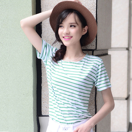 2015夏装女式可爱学生潮范宽松莫代尔棉上衣 韩版大码短袖条纹t恤