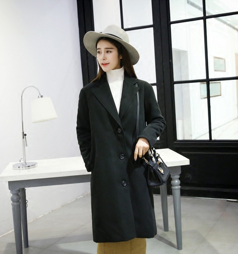 2015冬季新款韩版加厚单排扣纯色呢大衣女翻领中长款双面呢外套