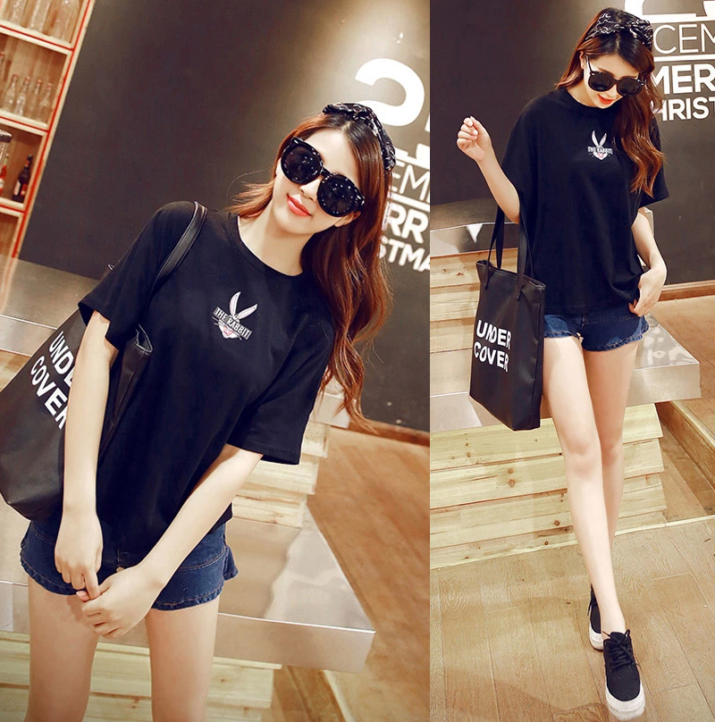 SXE5426#舒雪儿韩版2015夏装新款女装圆领蝙蝠袖卡通印花T恤