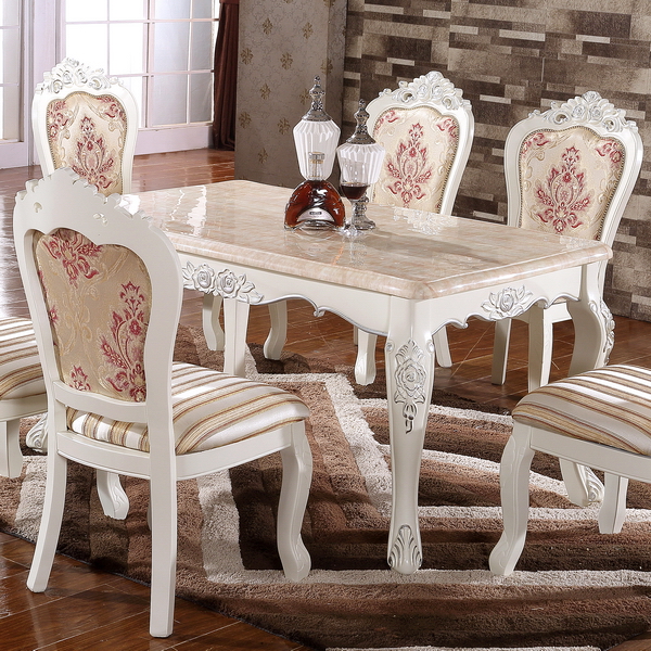 欧式餐桌椅组合6人大理石餐桌美式乡村实木餐桌长方形描银西餐桌