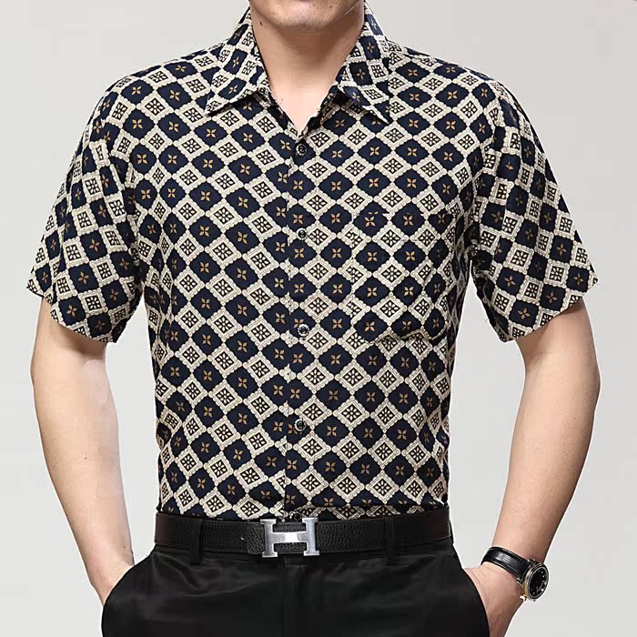 2015夏季男士短袖衬衫中年丝光棉印花免烫半袖衬衣商务绅士爸爸装
