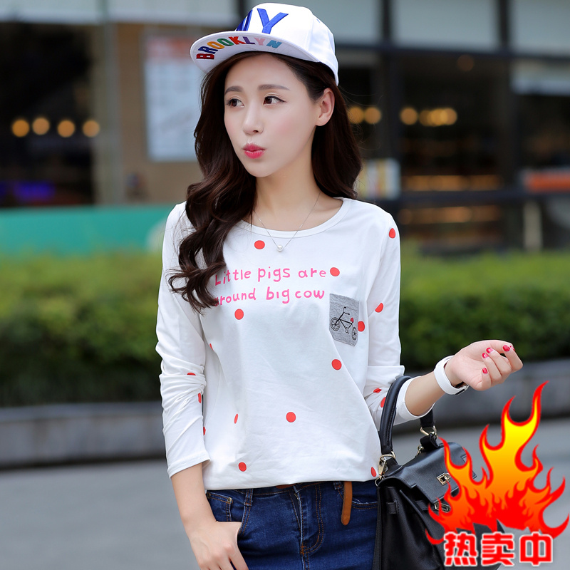 2015秋季韩版T恤圆领新款波点女装宽松字母常规长袖女